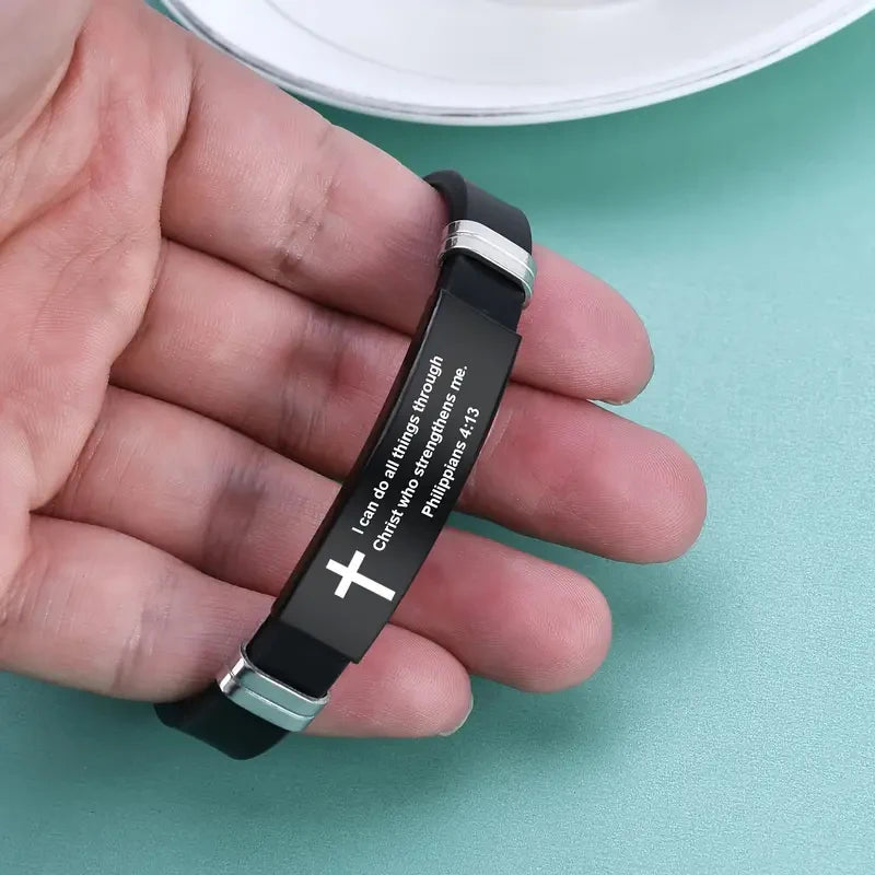 Christian Cross Bible Verse Bracelet Black Stainless Steel Inspirational Faith Bracelets For Men Women Jewelry